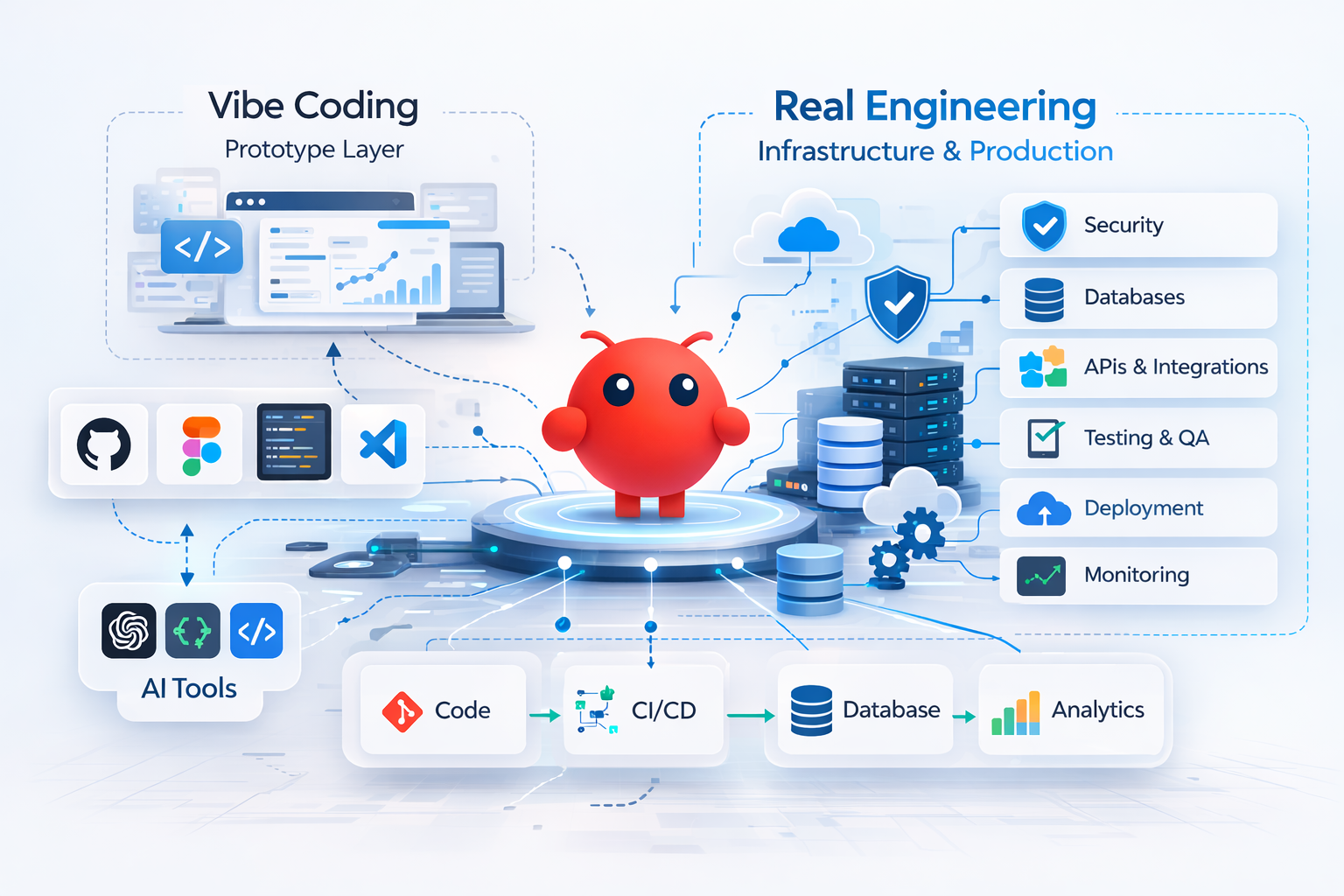OpenClaw coordinating software engineering infrastructure including databases, security layers, CI/CD pipelines, and monitoring systems.